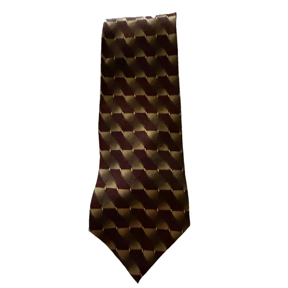 Louis Roth Men's Silk Tie Geometric Burgundy Gold Brown‎ Vintage Handmade Korea
